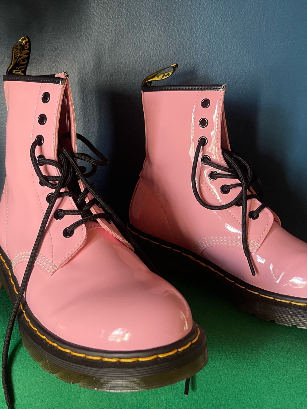 Dr. Martens Pink Patent Lace-Up Ankle Boots with Black Laces